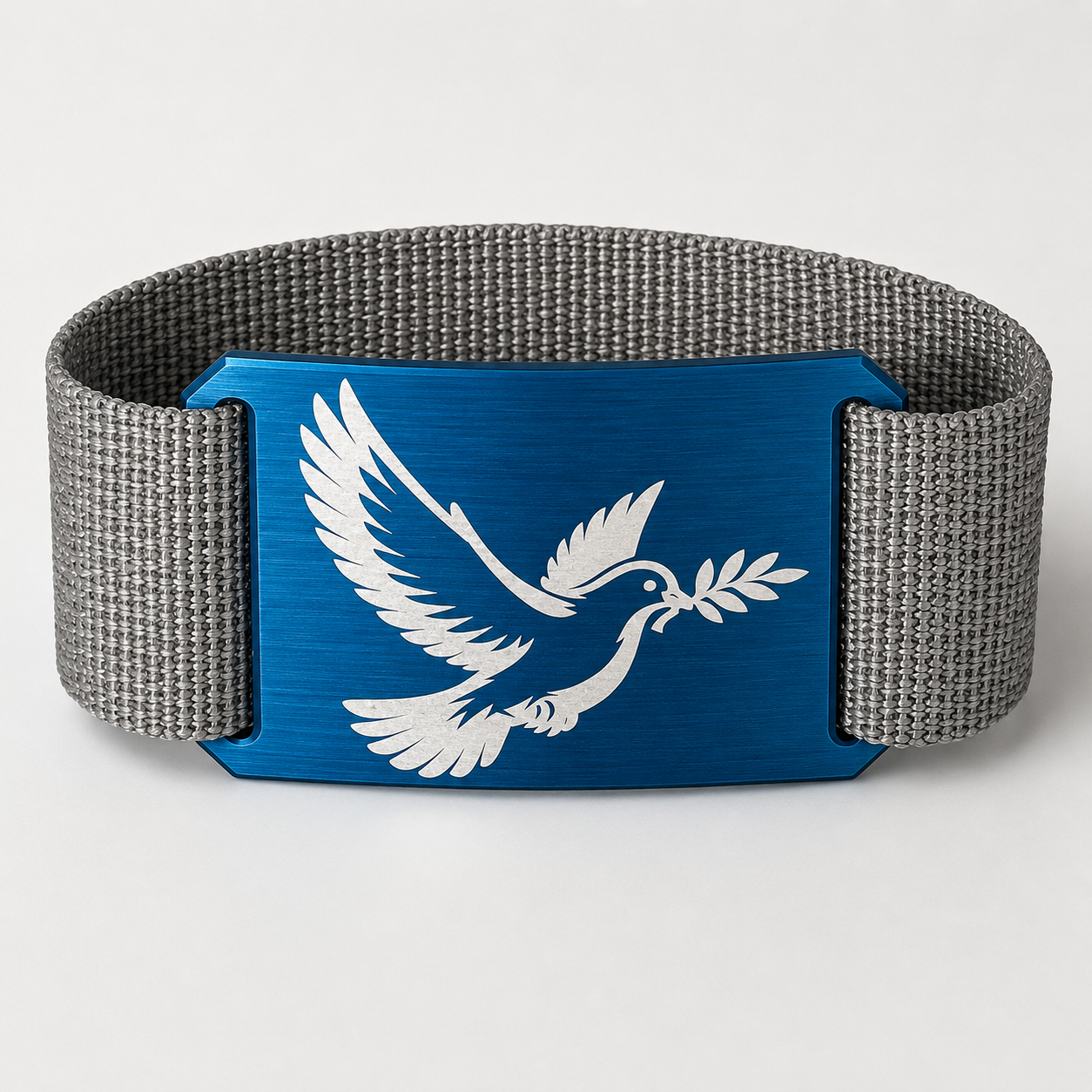 Personalisierte eloxierte Aluschnalle mit Gurt | Friedenstaube | Blau Grau | CRIOS Belts