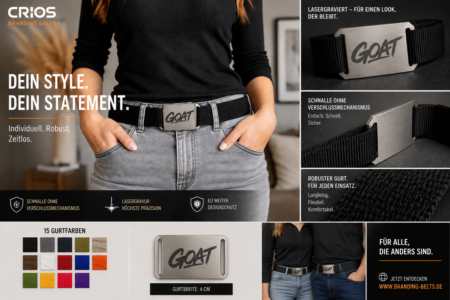 CRIOS Branding Belts 30 mm – Polypropylen-Gürtel mit geschliffener Edelstahl-Schnalle | GOAT per Lasergravur inkl. schwarzem Gurt