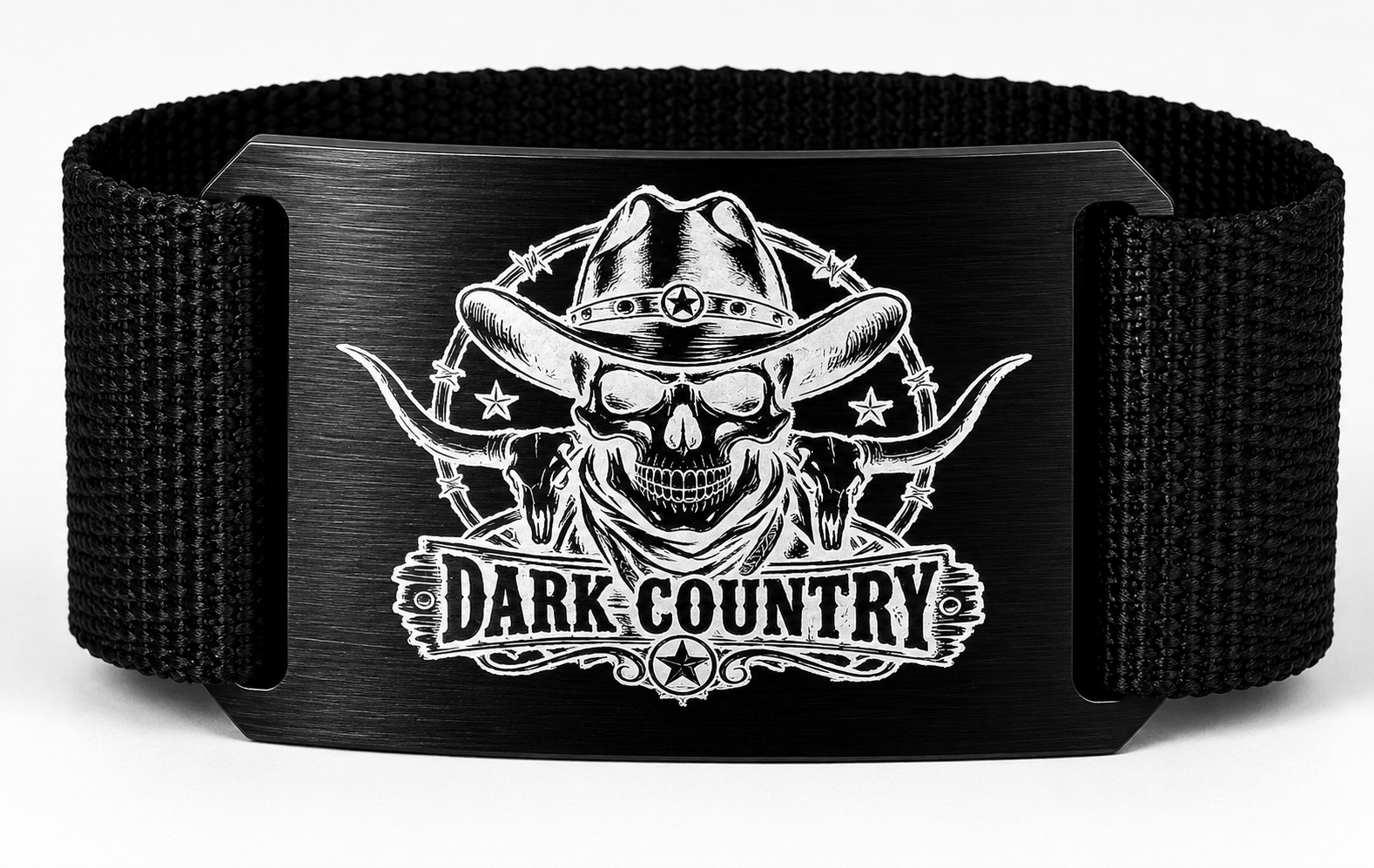 Crios Dark Country Schnalle – schwarze Aluminiumschnalle mit Dark Country Music Motiven