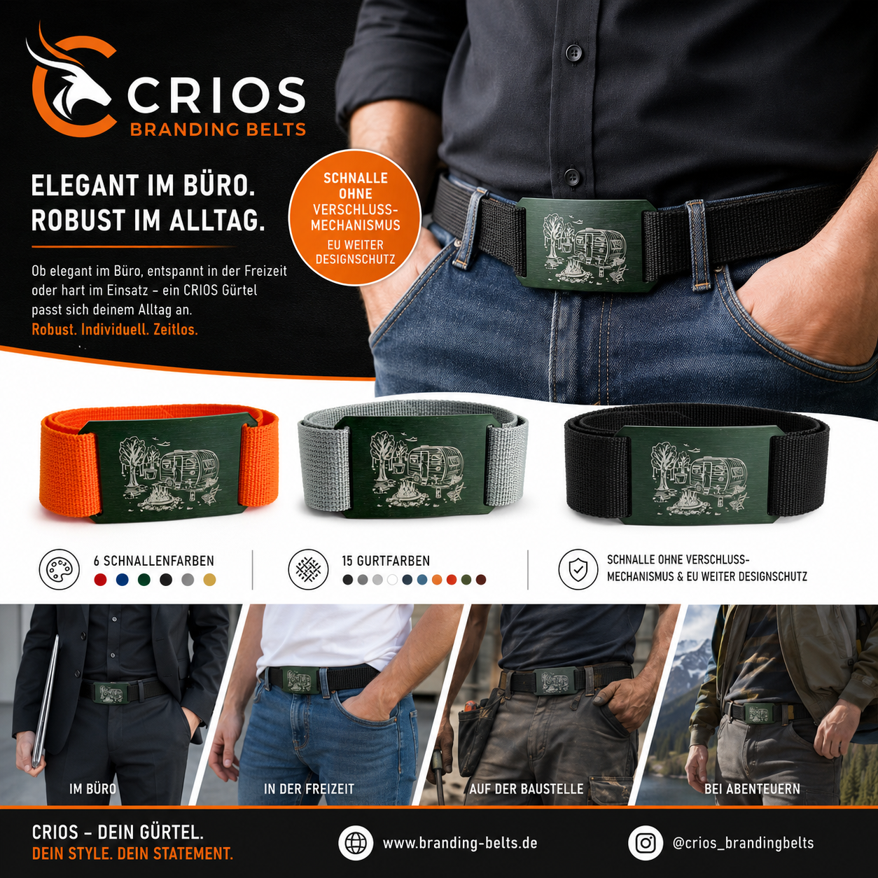 CRIOS Camping Gürtel – Wohnwagen & Lagerfeuer Lasergravur | Für echte Camper