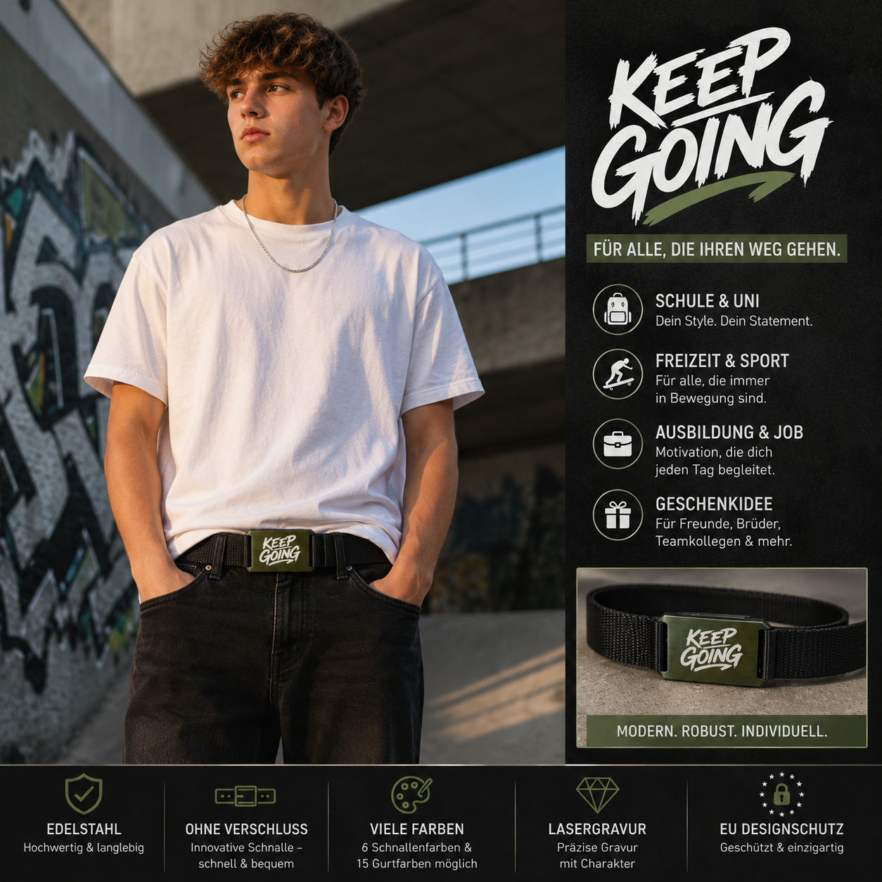 CRIOS Branding Belt "KEEP GOING" – Personalisierter Gürtel mit moderner Aluminiumschnalle | Motivationsgürtel