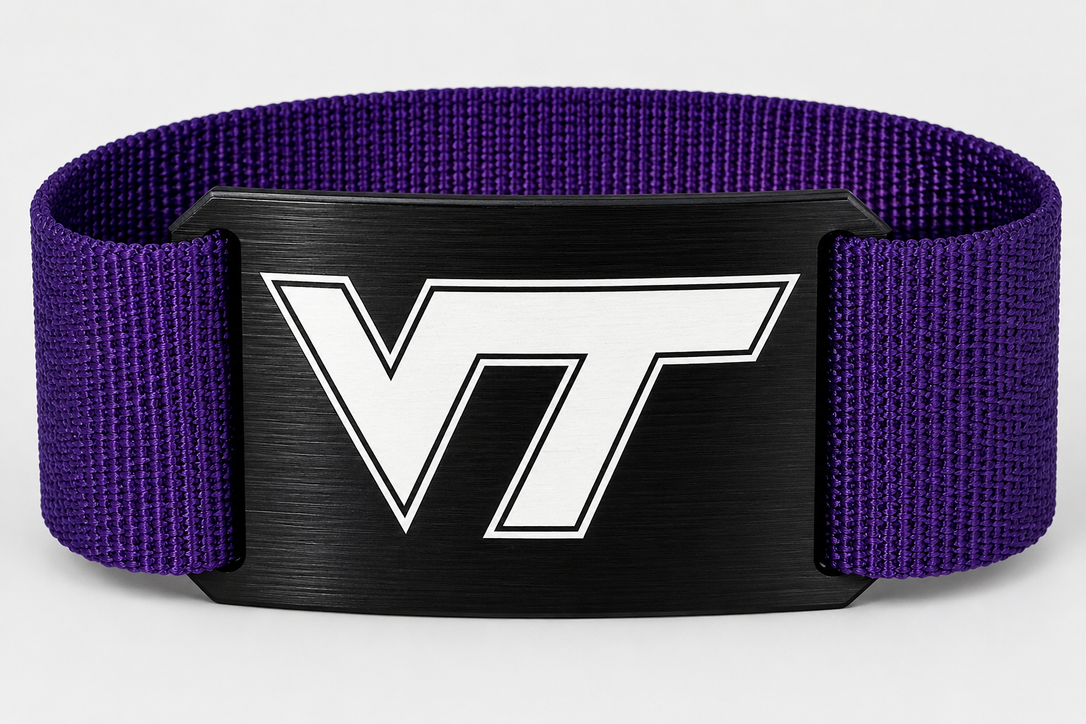 Virginia VT Gürtel – Personalisierter Crios Branding Belt | Schwarze Aluminiumschnalle & lila Nylongurt