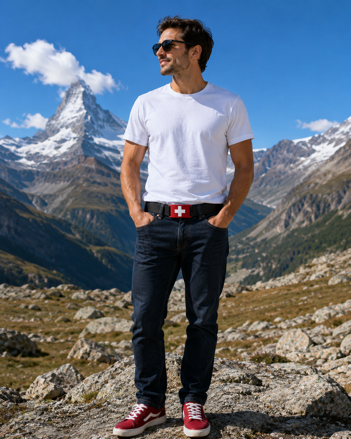 CRIOS Branding Belts Red Gürtel Aluminium Schnalle Rot Gurt Schwarz Kreuz