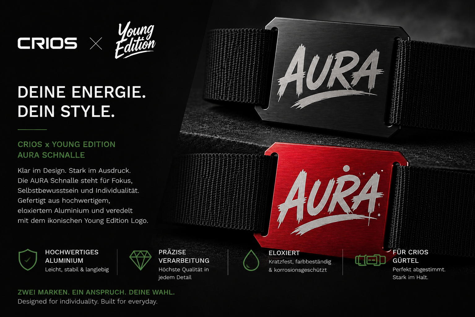 CRIOS Branding Belt Young Edition AURA Gürtel – moderner Jugendgürtel mit gravierter Schnalle | Individuell gestaltbar verschiedene Farben