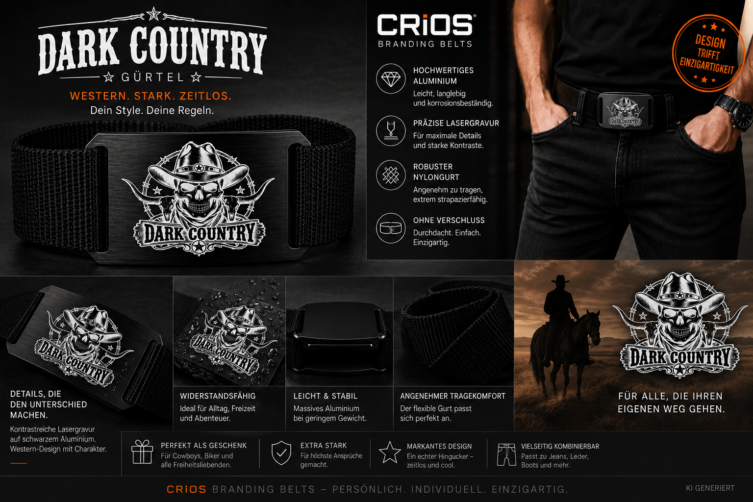 Crios Dark Country Gürtel DC 5 – schwarze Aluminiumschnalle mit Dark Country Music Motiven Schnalle mit Lasergravur | Gurt Schwarz | Alu Crios Branding Belts