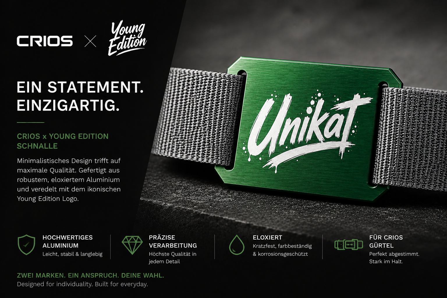 CRIOS Branding Belt Young Edition „Unikat“ – Gürtelschnalle mit Graffiti-Lasergravur | Aluminium eloxiert | Individuell gestaltbar verschiedene Farben