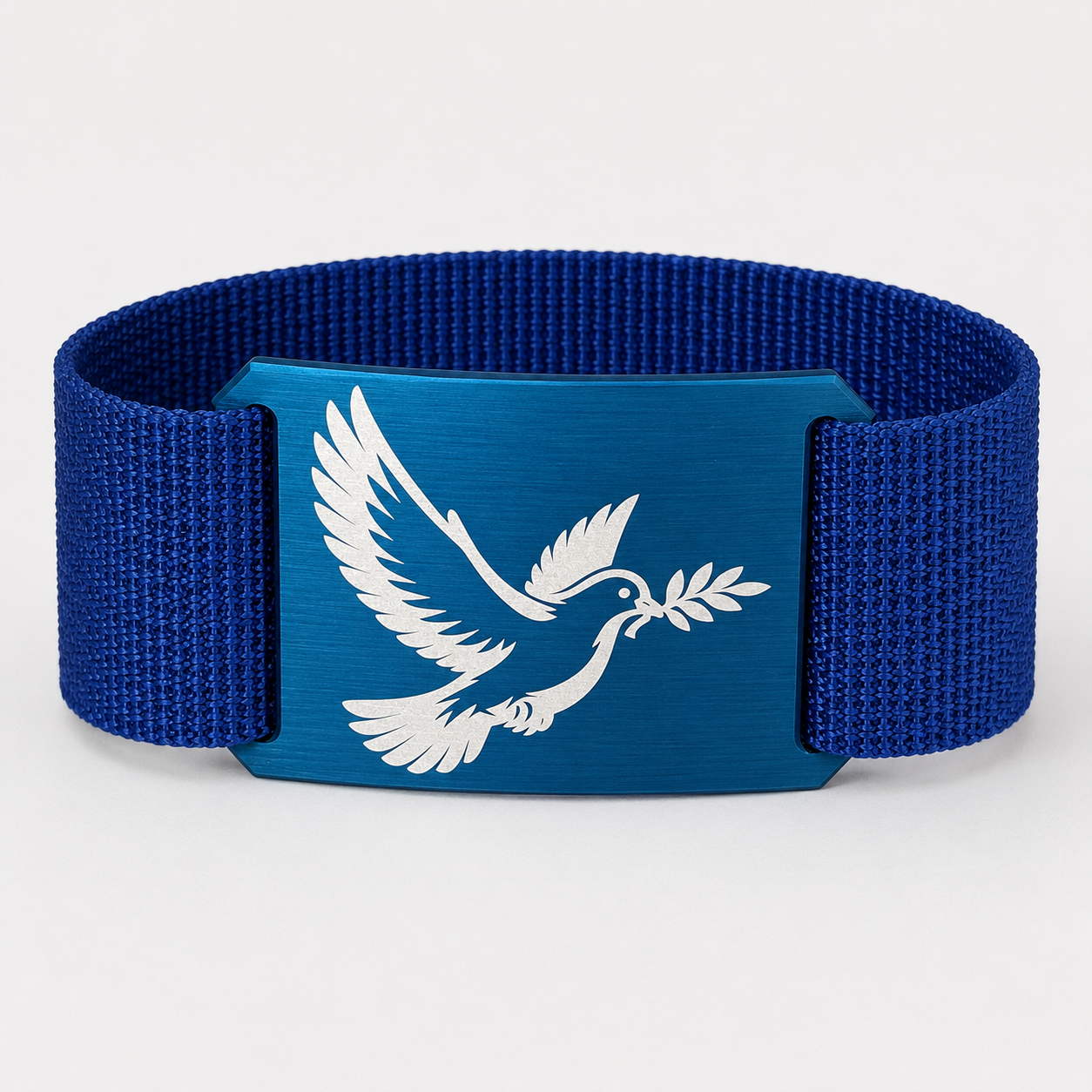 Personalisierte eloxierte Aluschnalle mit Gurt | Friedenstaube | Blau Grau | CRIOS Belts