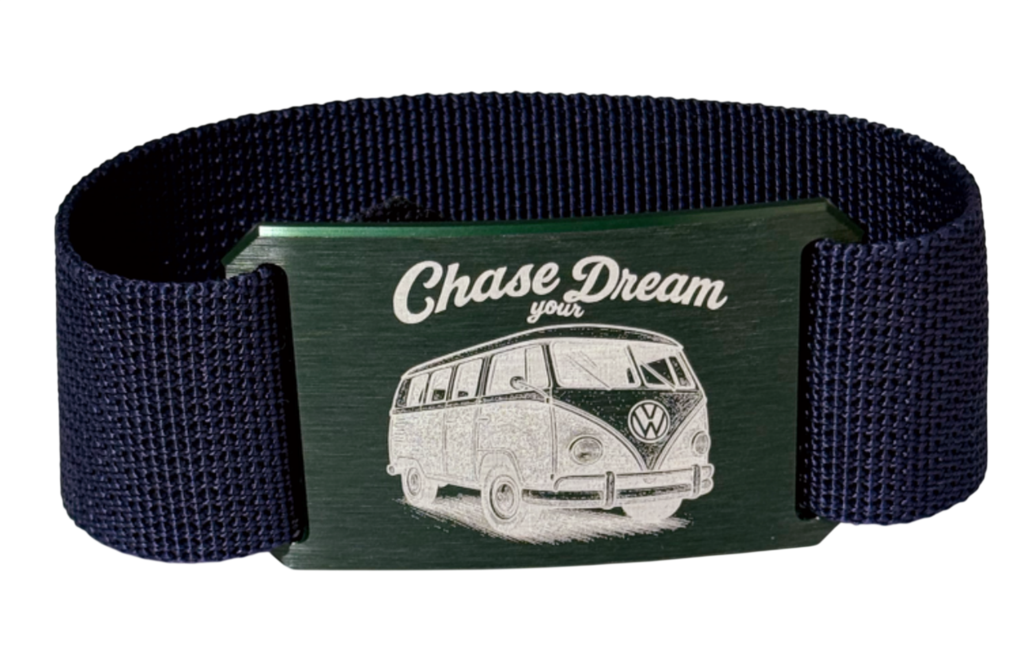 CRIOS Branding Belt "Chase Your Dream" – Gürtel mit VW Bulli Lasergravur | Grüne Schnalle & dunkelblauer Gurt
