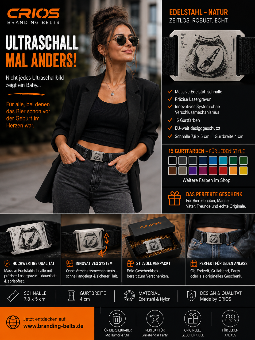 CRIOS Branding Belts 30 mm – Polypropylen-Gürtel mit geschliffener Edelstahl-Schnalle | Ultraschall mal anders Schnalle per Lasergravur inkl. lila Gurt