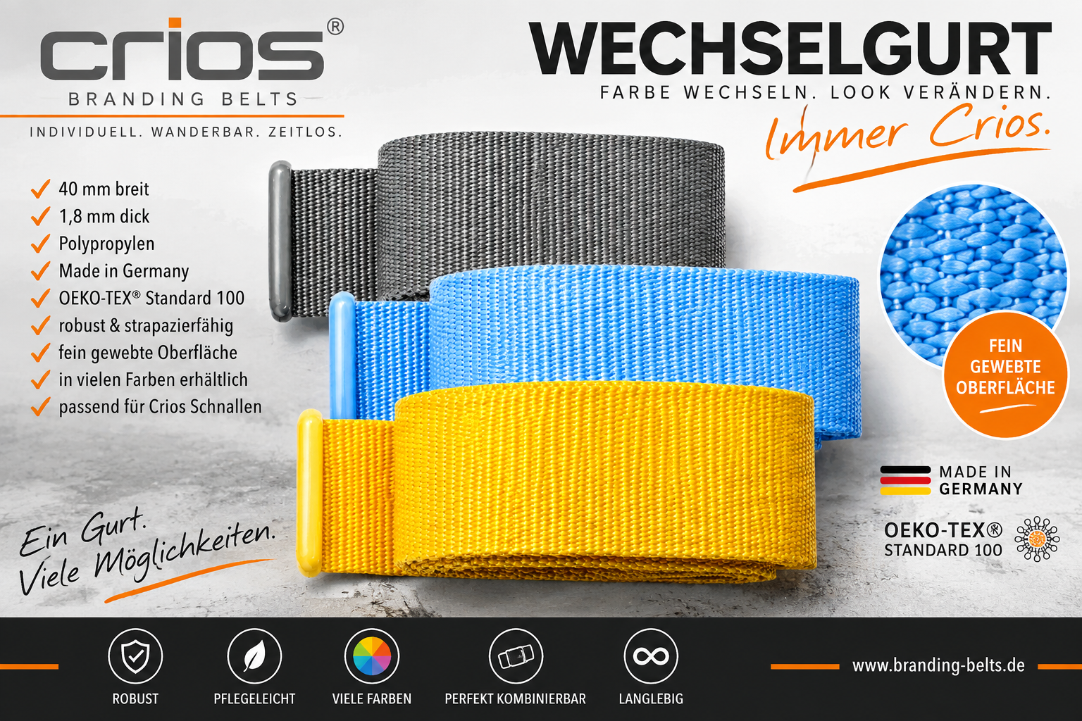 Crios Premium Wechselgurt 40 mm – Made in Germany | robust & vielseitig nach ÖkoTex 100
