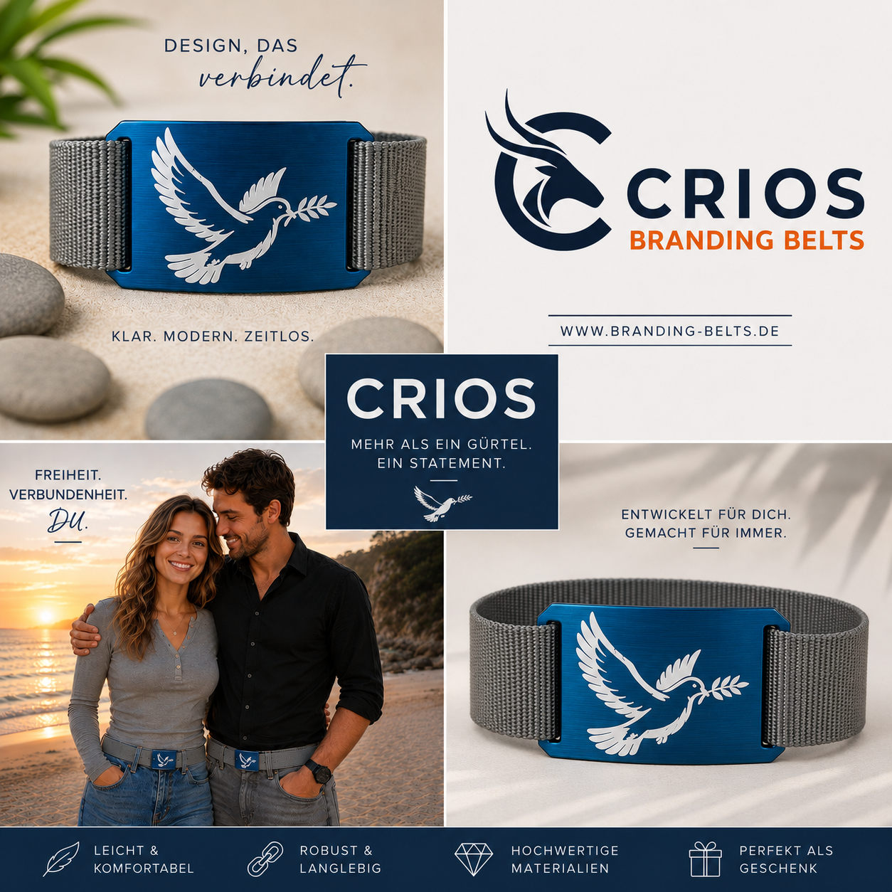 Personalisierte eloxierte Aluschnalle mit Gurt | Friedenstaube | Blau Grau | CRIOS Belts