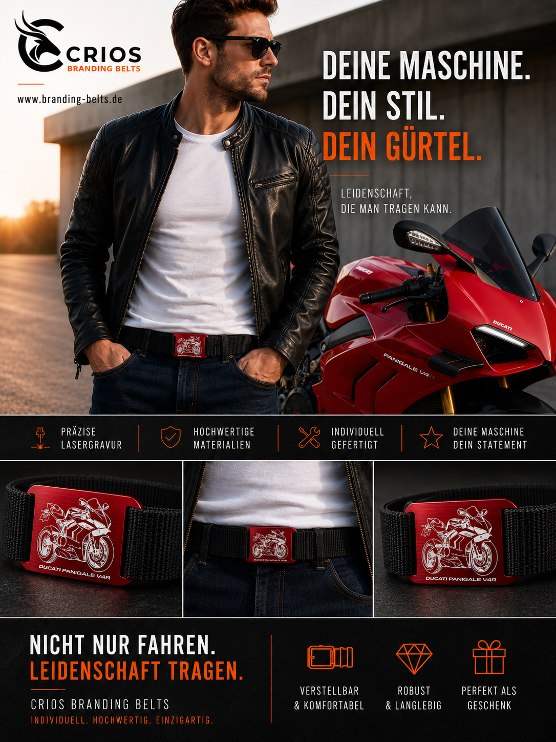 Personalisierte eloxierte Aluschnalle mit Gurt | DUCATI | Panigale | CRIOS Belts