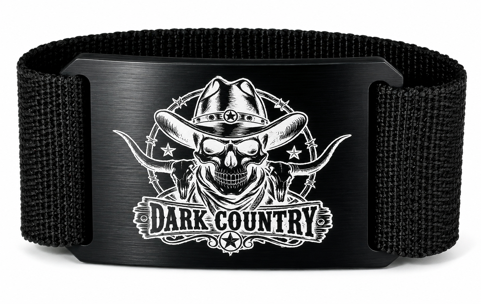 Crios Dark Country Gürtel DC 5 – schwarze Aluminiumschnalle mit Dark Country Music Motiven Schnalle mit Lasergravur | Gurt Schwarz | Alu Crios Branding Belts