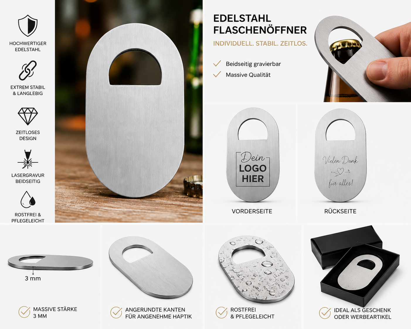 CRIOS Edelstahl Flaschenöffner | Beidseitig gravierbar | Massiv | Personalisierbar