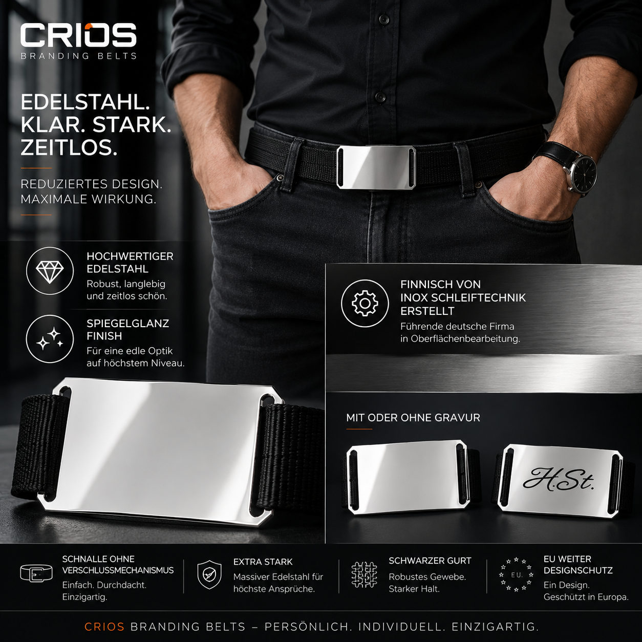 CRIOS Design Gürtel mit Edelstahl-Schnalle – Exklusive Oberfläche & schwarzer Gurt